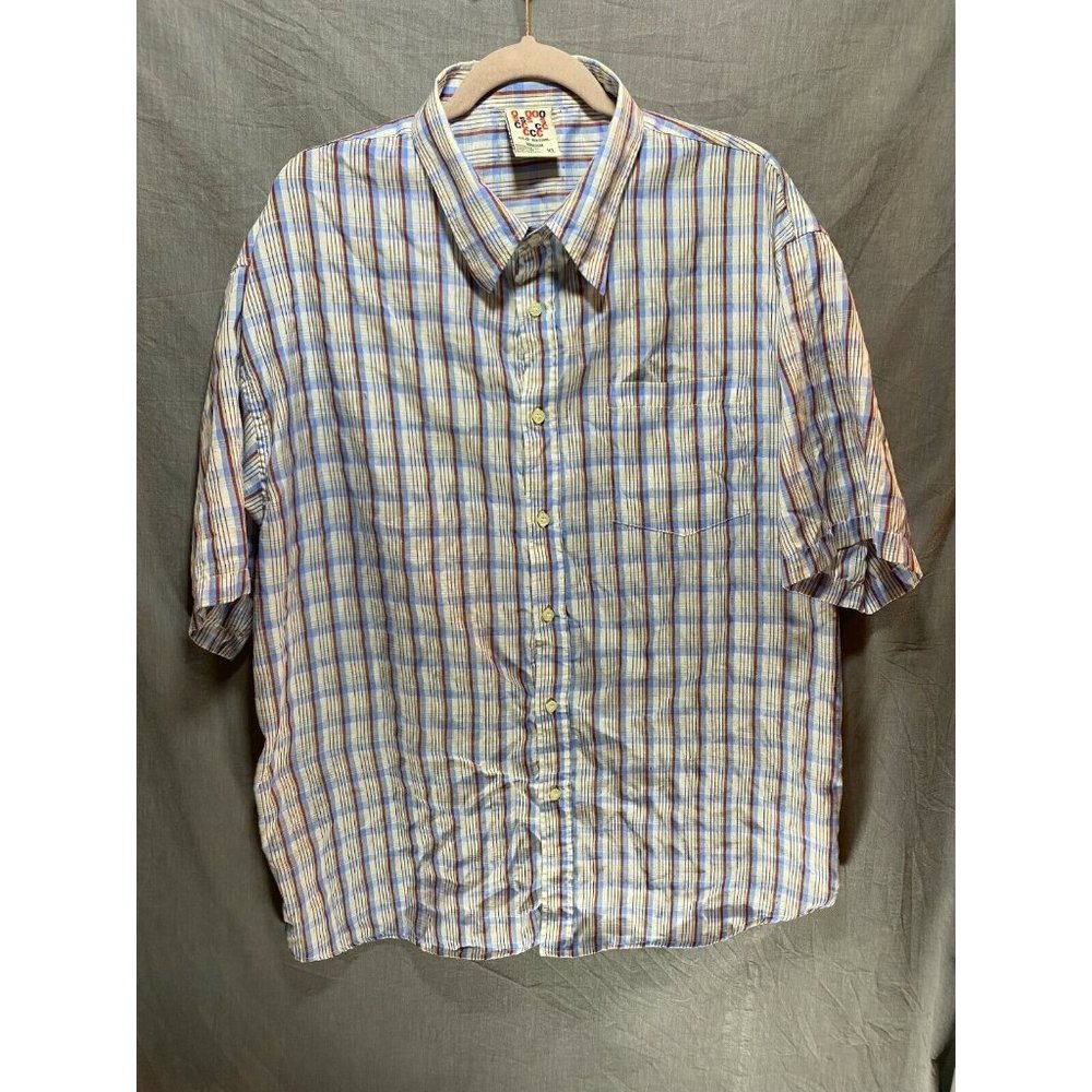 Old Skool Button Up Shirt Extra Adult Large Red Blue White Plaid Casual Mens.‎